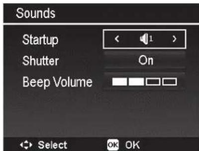 Sounds Startup < 1 > Shutter On Beep Volume Select OK OK