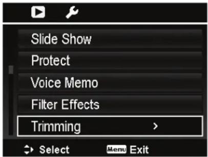 Slide Show Protect Voice Memo Filter Effects Trimming Select Menu Exit