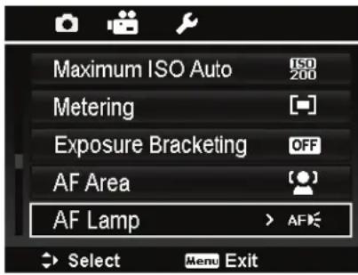 Maximum ISO Auto Metering Exposure Bracketing AF Area AF Lamp Select Menu Exit