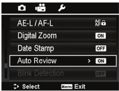 AE-L / AF-L Digital Zoom Date Stamp Auto Review Blink Detection Select Menu Exit