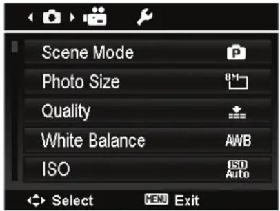 Scene Mode Photo Size Quality White Balance ISO ISO Auto Select MENU Exit