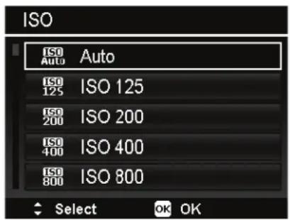 ISO ISO AUTO Auto ISO ISO 125 ISO ISO 200 ISO ISO 400 ISO ISO 800 Select OK OK