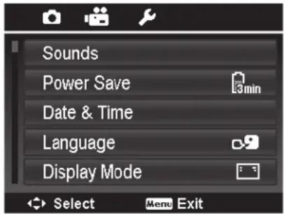 Sounds Power Save 3min Date & Time Language Display Mode Select Menu Exit