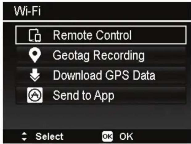 Wi-Fi Remote Control Geotag Recording Download GPS Data Send to App Select OK OK