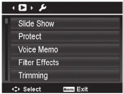 Slide Show Protect Voice Memo Filter Effects Trimming Select Menu Exit