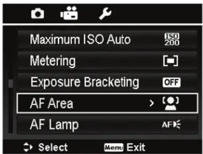 Maximum ISO Auto Metering Exposure Bracketing AF Area AF Lamp Select Menu Exit