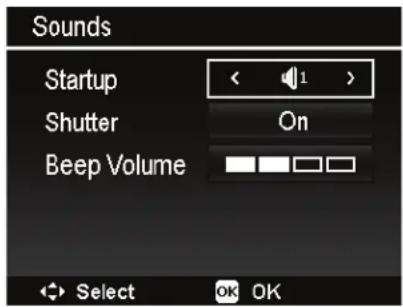 Sounds Startup < 1 > Shutter On Beep Volume Select OK OK