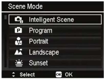 Scene Mode Intelligent Scene Program Portrait Landscape Sunset Select OK OK