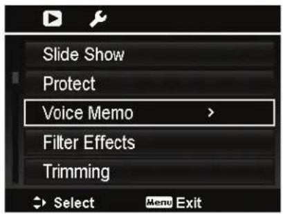 Slide Show Protect Voice Memo > Filter Effects Trimming Select Menu Exit