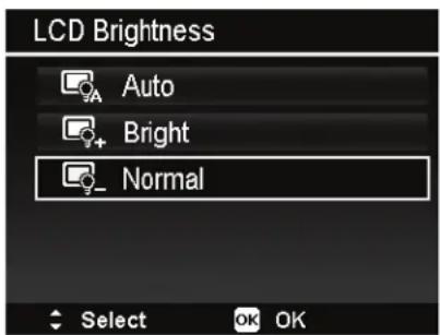 LCD Brightness Auto Bright Normal Select OK OK