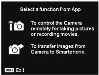 Select a function from App To control the Camera remotely for taking pictures or recording movies. To transfer images from Camera to Smartphone. WiFi Exit