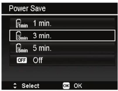 Power Save 1 min. 3 min. 5 min. OFF Off Select OK OK