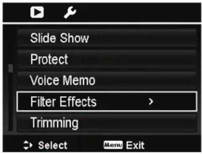 Slide Show Protect Voice Memo Filter Effects > Trimming Select Menu Exit