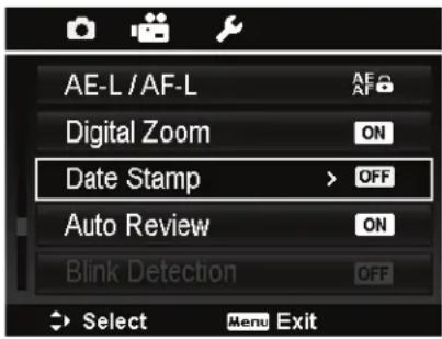 AE-L/AF-L Digital Zoom Date Stamp > OFF Auto Review Blink Detection Select Menu Exit