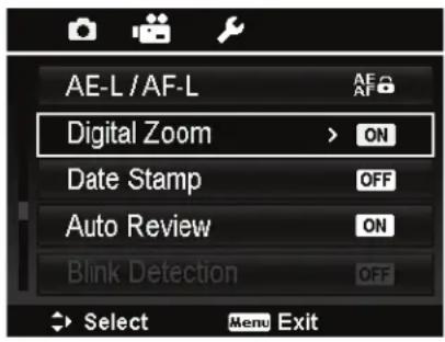 AE-L /AF-L Digital Zoom > ON Date Stamp OFF Auto Review ON Blink Detection OFF Select Menu Exit
