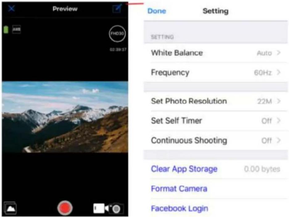 Preview FHD30 02:39:37 Done Setting SETTING White Balance Auto > Frequency 60Hz > Set Photo Resolution 22M > Set Self Timer Off > Continuous Shooting Off > Clear App Storage 0.00 bytes Format Camera Facebook Login