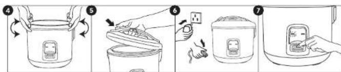 Illustration showing a cooking process with labeled steps: adding a rice pot, lifting a cup, and using a digital kitchen.
