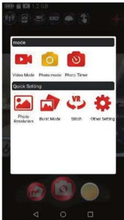 mode Video Mode Photo mode Photo Timer Quick Setting Photo Resolution Burst Mode Stitch Other Setting