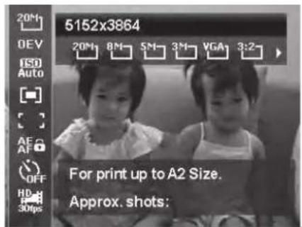 20M DEV ISO Auto AF OFF HD 30fps 5152x3864 20M 8M 5M 3M VGA 3:2 For print up to A2 Size. Approx. shots: