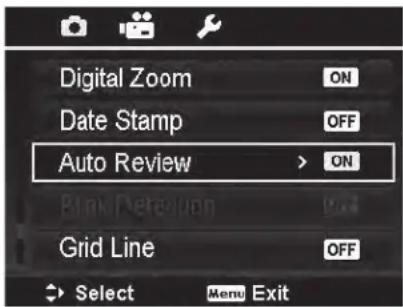 Digital Zoom ON Date Stamp OFF Auto Review > ON Blend Selection Grid Line OFF Select Menu Exit