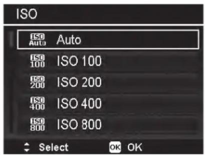 ISO ISO Auto ISO ISO 100 ISO ISO 200 ISO ISO 400 ISO ISO 800 Select OK OK