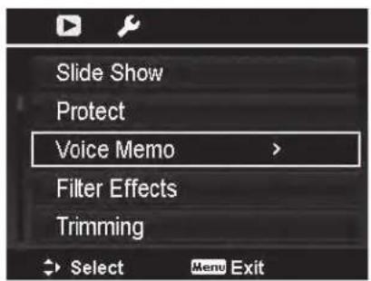 Slide Show Protect Voice Memo > Filter Effects Trimming Select Menu Exit