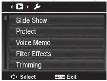 Slide Show Protect Voice Memo Filter Effects Trimming Select Menu Exit