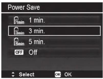 Power Save 1 min. 3 min. 5 min. OFF Off Select OK OK