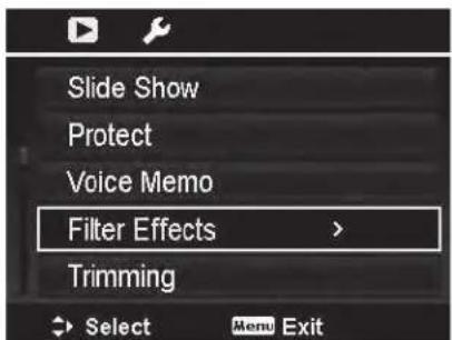 Slide Show Protect Voice Memo Filter Effects > Trimming Select Menu Exit