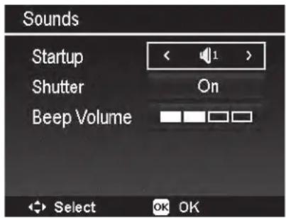 Sounds Startup < 1 > Shutter On Beep Volume Select OK OK