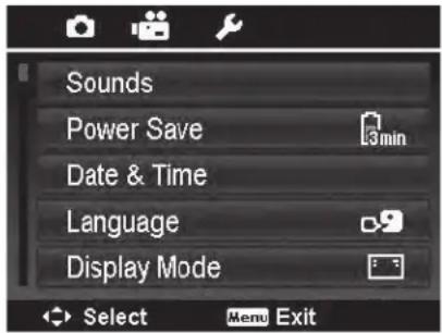 Sounds Power Save 3min Date & Time Language Display Mode Select Menu Exit