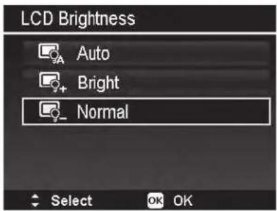 LCD Brightness Auto Bright Normal Select OK OK