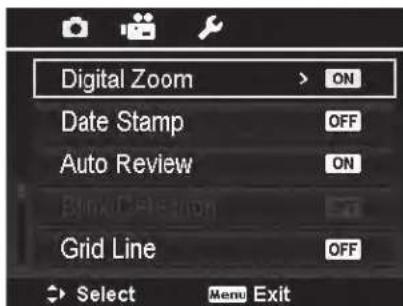 Digital Zoom > ON Date Stamp OFF Auto Review ON Blend/ Celebration Grid Line OFF Select Menu Exit