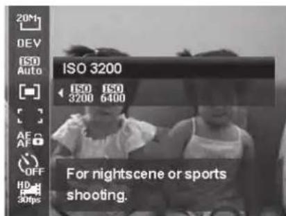 20M DEV ISO Auto ISO 3200 150 ISO 3200 6400 AE AF OFF HD 30fps For nightscene or sports shooting.