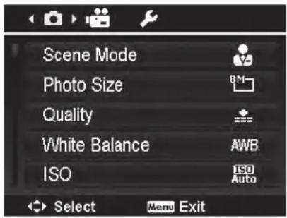 Scene Mode Photo Size Quality White Balance ISO AWB ISO Auto Select Menu Exit