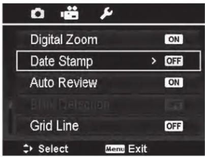 Digital Zoom ON Date Stamp > OFF Auto Review ON Grid Line OFF Select Menu Exit