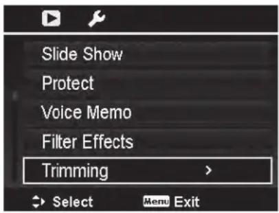 Slide Show Protect Voice Memo Filter Effects Trimming Select Menu Exit