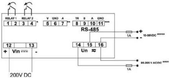 RELAY 1 RELAY 2 1 2 3 4 * V GNO A TR B A GNO 5 6 7 ** 8 9 10 11 *** RS-485 1A + 10-56VDC ***** + Vin --- - 14 15 16 Un ≈ 1A 200V DC 85-265 V AC/DC ****
