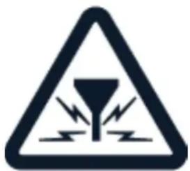 Warning sign depicting a funnel with hazard symbols and lightning bolts