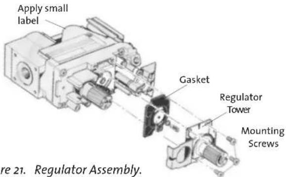 Apply small label Gasket Regulator Tower Mounting Screws Figure 21. Regulator Assembly.