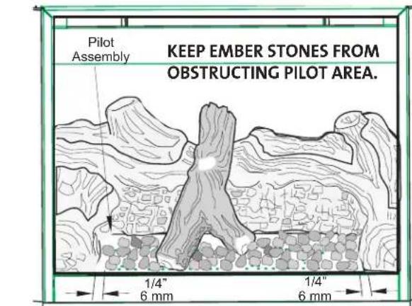 Pilot Assembly KEEP EMBER STONES FROM OBSTRUCTING PILOT AREA. 1/4" 6 mm 1/4" 6 mm