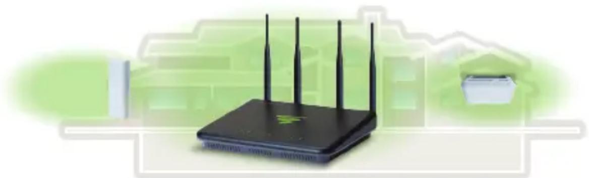 Black wireless router with three antennas and a green abstract background (no text or symbols)