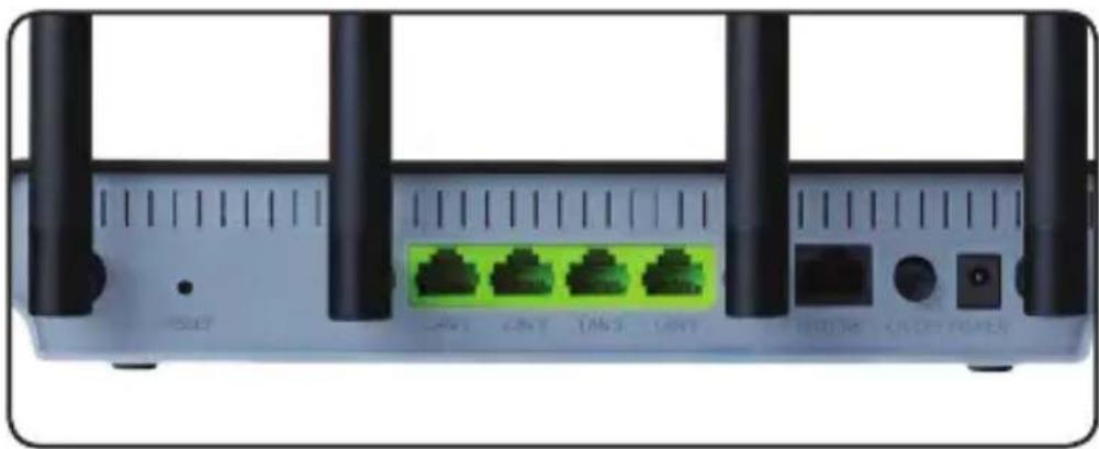 Front view of a wireless router with four green Ethernet ports and black antennas (no visible text or labels)