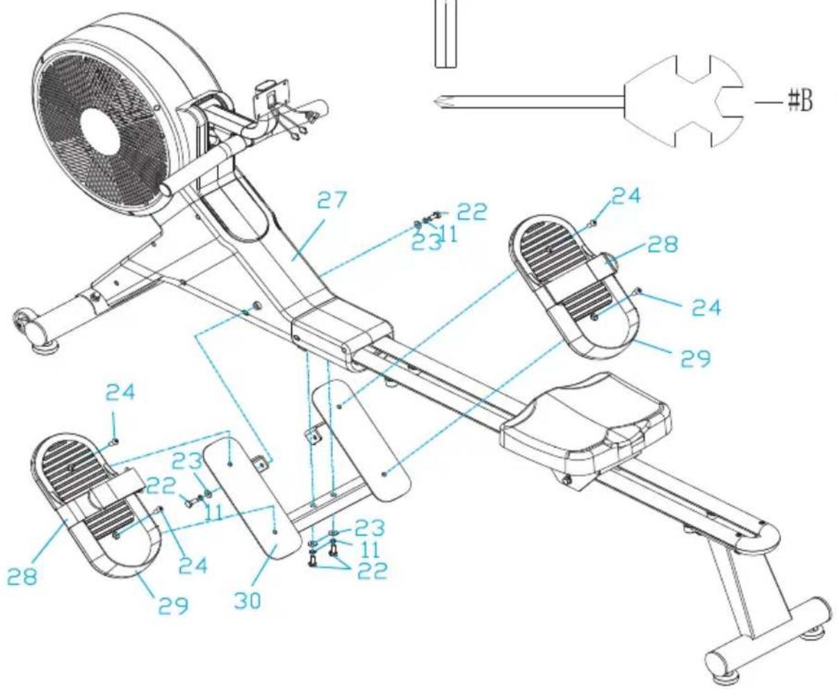 Technical diagram of a stationary exercise machine with numbered components and labeled parts
