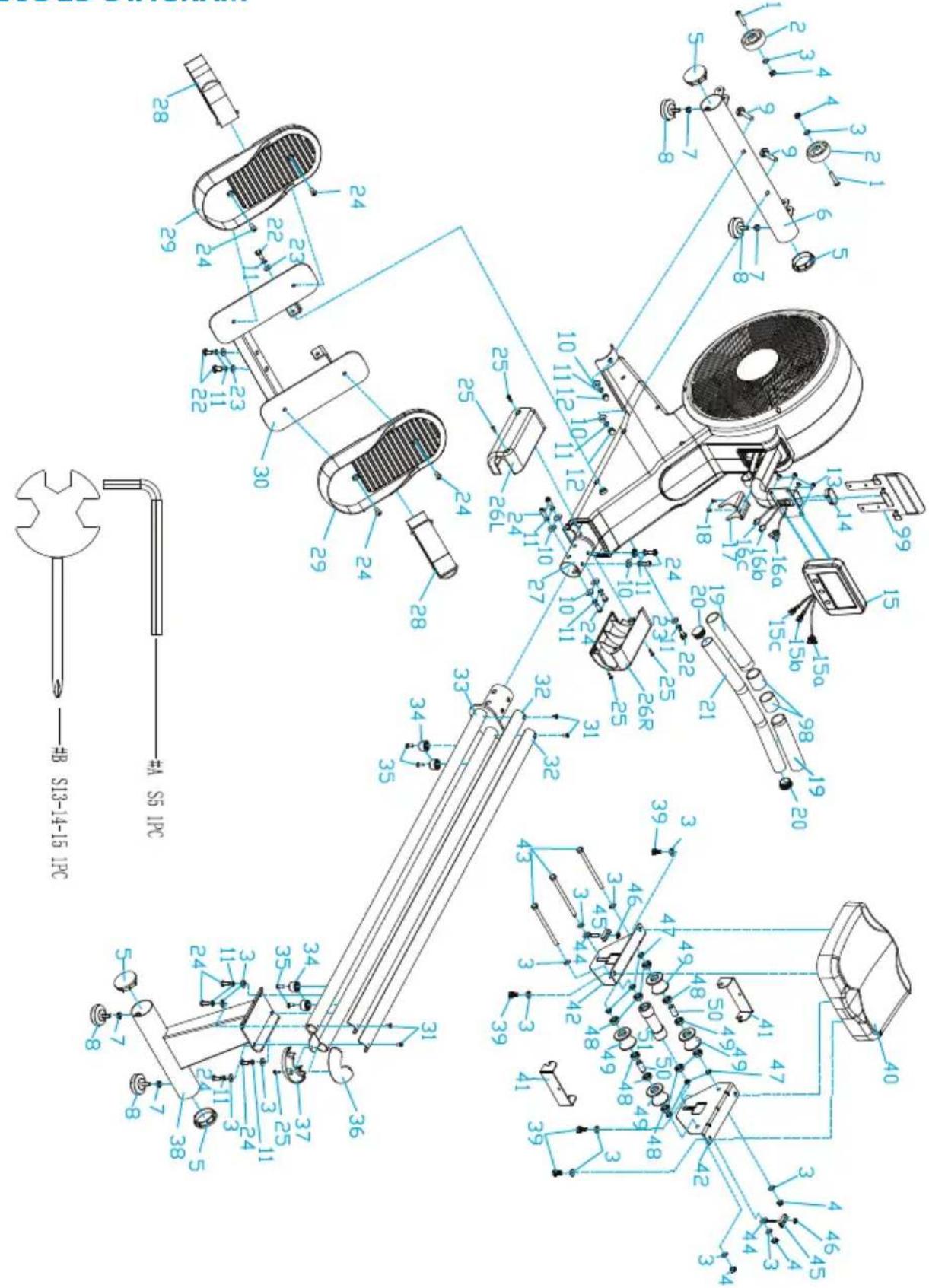 Technical schematic diagram of a mechanical device with numbered components and labeled parts, including a wrench and S13-14-15 IPC.