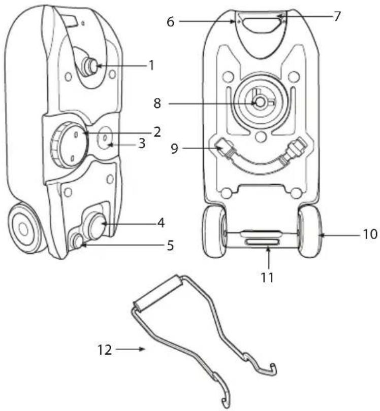 Technical diagram of a mechanical device with numbered parts and exploded view, including labeled parts 1 through 12.