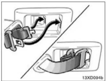 Diagram showing two car seatbelt buckle designs with directional arrows indicating movement (no text or symbols)