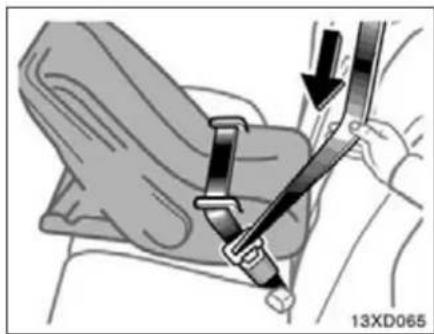 Medical illustration showing a hand adjusting a car seatbelt with arrows indicating force or movement (no text or symbols present)