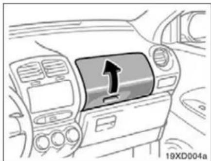 Interior view of a car dashboard with a directional arrow pointing to the top panel (no text or symbols on the dashboard itself)