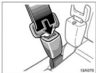 Illustration of a hand inserting a device into a seatbelt, with no visible text or symbols